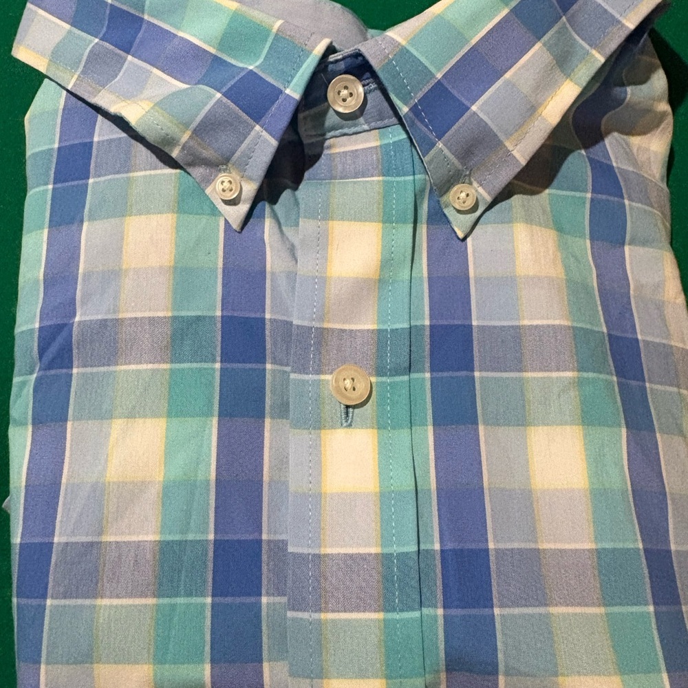 Blue and Teal Plaid Button-Up T-Shirt